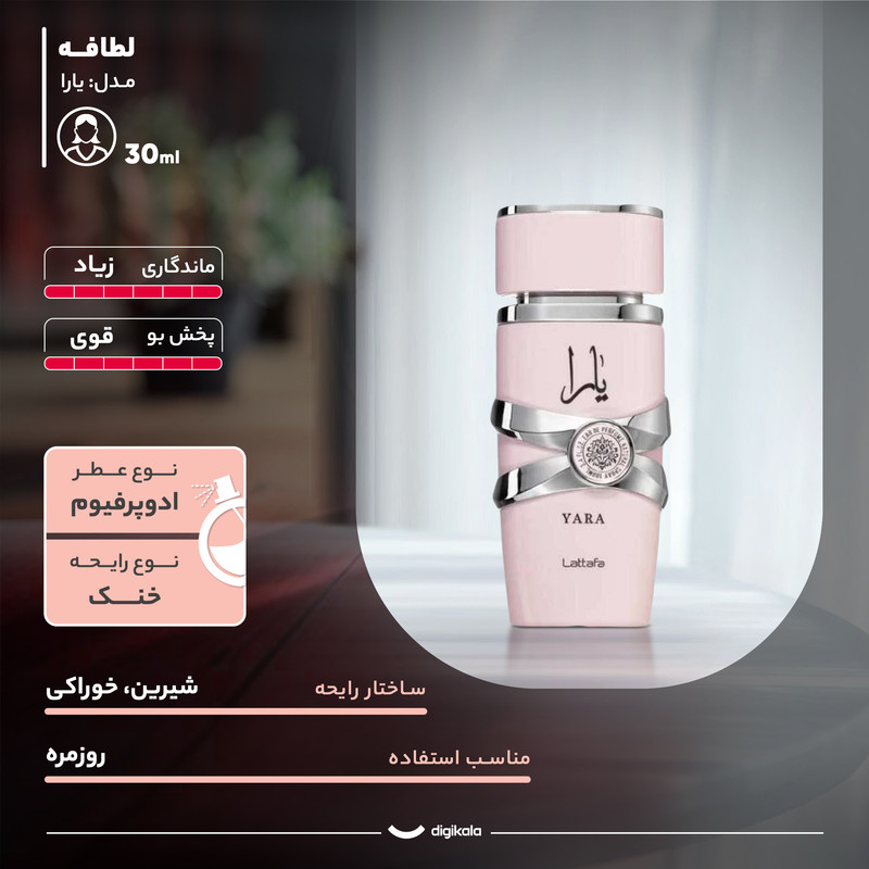ادو پرفیوم زنانه لطافه مدل یارا با رایحه خنک و شیرین حجم 30 میلیلیتر