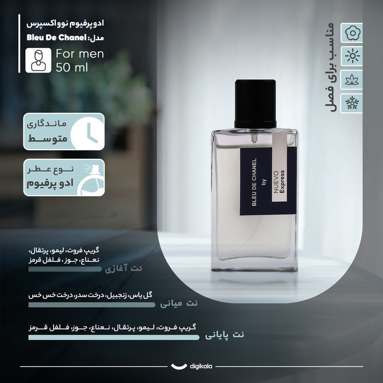 ادو پرفیوم مردانه نوو اکسپرس مدل Bleu De Chanel با رایحه خنک و تلخ حجم 50 میلی لیتر