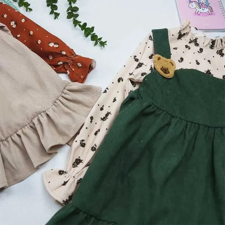 ست بلوز و سارافون دخترانه مخمل کبریتی طرح خرسی