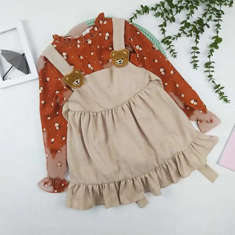 ست بلوز و سارافون دخترانه مخمل کبریتی طرح خرسی