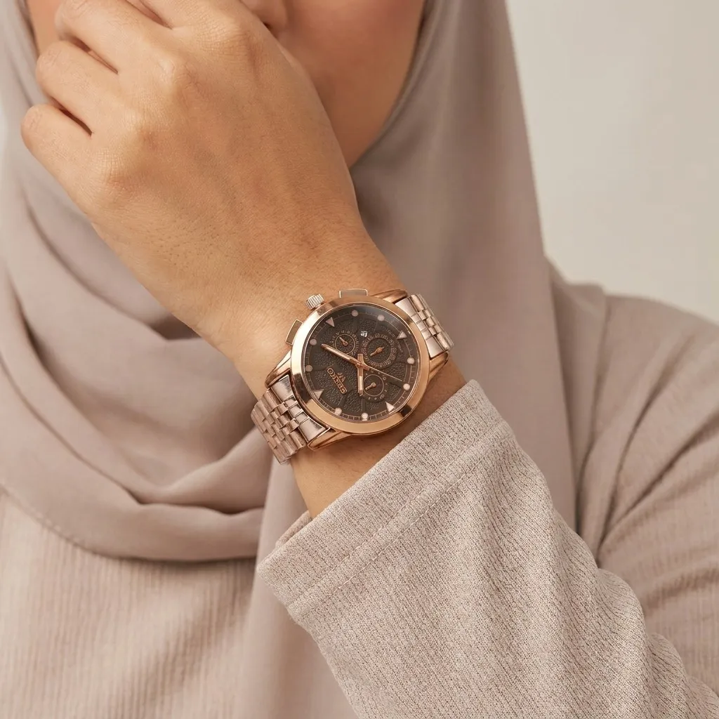 ساعت سیکو رزگلد صفحه مشکی طرح سه موتور 5748 تک زنانه