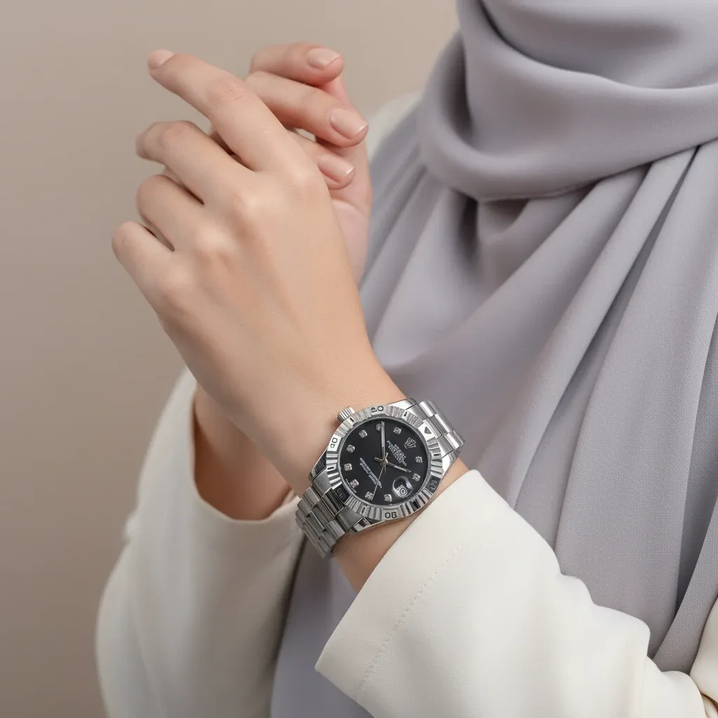 ساعت رولکس دیت جاست استیل صفحه مشکی زنانه