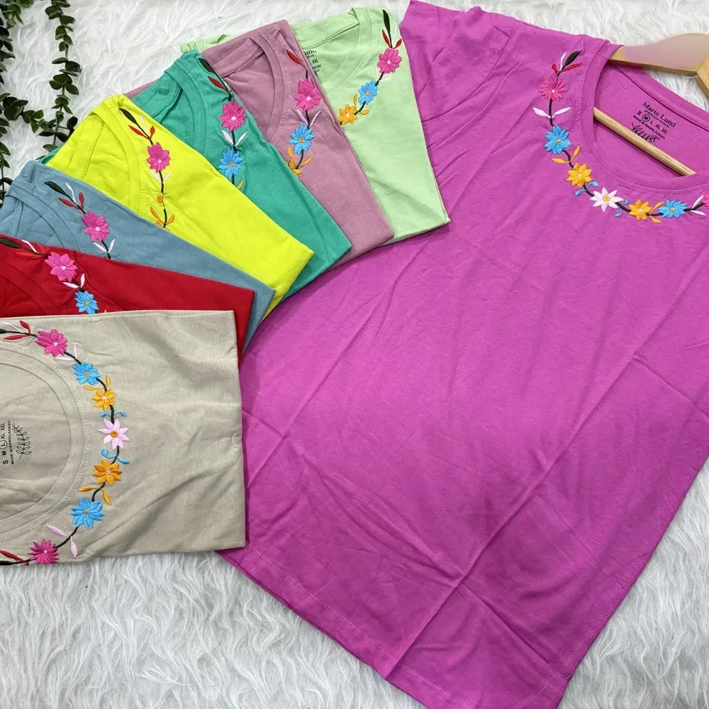 تیشرت نخ پنبه گلدوزی سایز S، M، L، XL و XXL مناسب خانمها و دختران