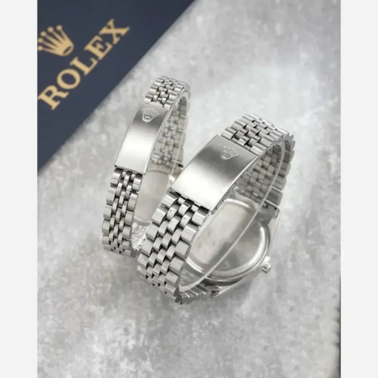 ساعت ست مردانه و زنانه رولکس بند استیل نقره ای صفحه آبی تقویم دار