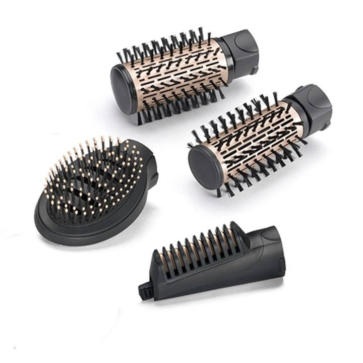 سشوار برسدار چرخشی 1000 وات بابیلیس مدل AS964ROE، موتور DC، وزن 1050 گرم، دارای سری برسدار گرد باریک، سری برسدار تخت، سری چرخشی، سری دندانهدار با ویژگی صافکنندگی، با قابلیت فناوری تولید یون