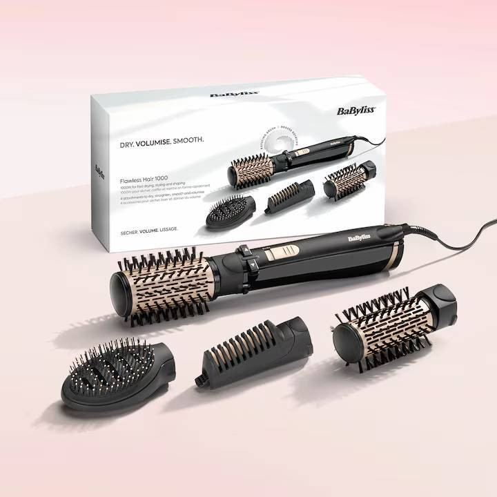 سشوار برسدار چرخشی 1000 وات بابیلیس مدل AS964ROE، موتور DC، وزن 1050 گرم، دارای سری برسدار گرد باریک، سری برسدار تخت، سری چرخشی، سری دندانهدار با ویژگی صافکنندگی، با قابلیت فناوری تولید یون