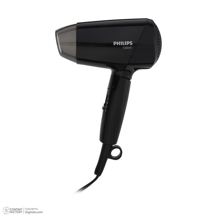 سشوار مسافرتی 1200 وات فیلیپس مدل BHC010، موتور DC، وزن 340 گرم، دارای سری متمرکزکننده پهن، با دسته ارگونومیک