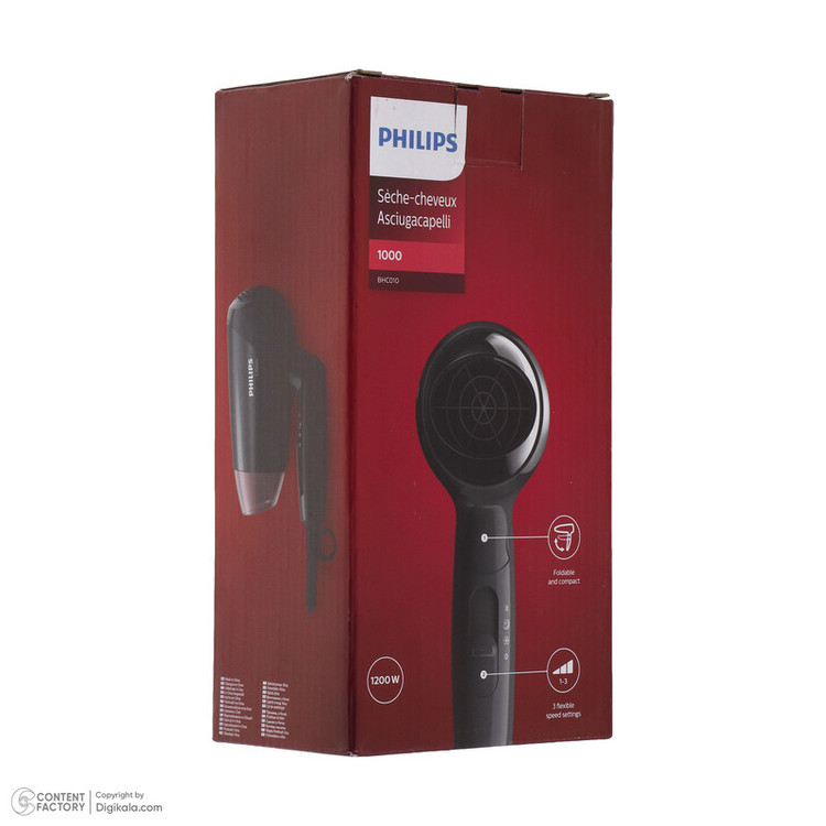 سشوار مسافرتی 1200 وات فیلیپس مدل BHC010، موتور DC، وزن 340 گرم، دارای سری متمرکزکننده پهن، با دسته ارگونومیک