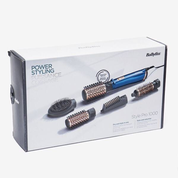 سشوار برسدار چرخشی 1000 وات بابیلیس مدل AS966ROE، موتور DC، وزن 500 گرم، دارای سری شانهدار، سری برسدار گرد باریک، سری برسدار گرد پهن، سری برسدار تخت، کیف نگهدارنده با ویژگی فرکنندگی، صافکنندگی، حجمدهندگی، با قابلیت باد سرد، فناوری تولید یون