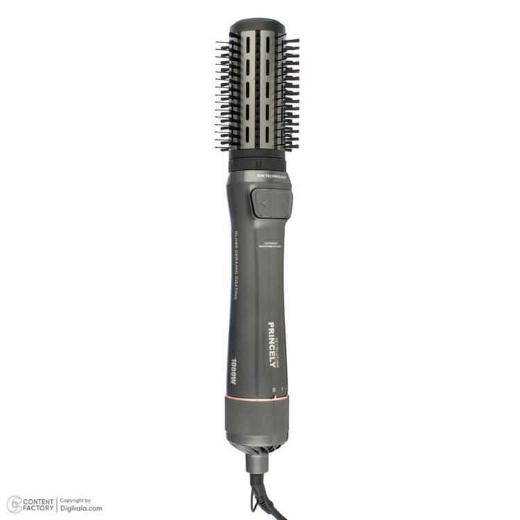 سشوار برسدار چرخشی 240 وات پرنسلی مدل PR312AT، موتور DC، وزن 1430 گرم، دارای سری شانهدار، سری برسدار گرد پهن، سری چرخشی، کیف نگهدارنده، سری دندانهدار با ویژگی فرکنندگی، صافکنندگی، حجمدهندگی