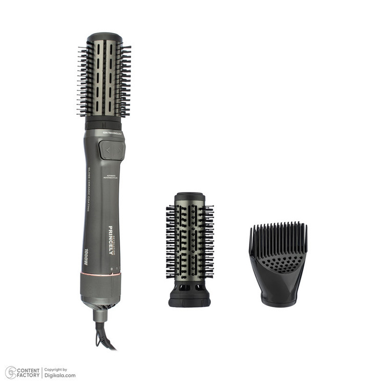 سشوار برسدار چرخشی 240 وات پرنسلی مدل PR312AT، موتور DC، وزن 1430 گرم، دارای سری شانهدار، سری برسدار گرد پهن، سری چرخشی، کیف نگهدارنده، سری دندانهدار با ویژگی فرکنندگی، صافکنندگی، حجمدهندگی