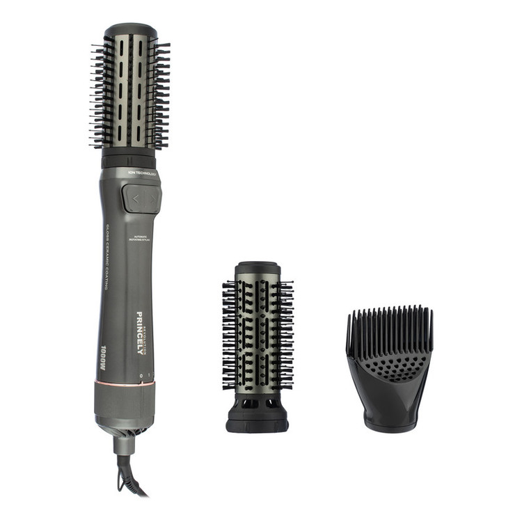 سشوار برسدار چرخشی 240 وات پرنسلی مدل PR312AT، موتور DC، وزن 1430 گرم، دارای سری شانهدار، سری برسدار گرد پهن، سری چرخشی، کیف نگهدارنده، سری دندانهدار با ویژگی فرکنندگی، صافکنندگی، حجمدهندگی