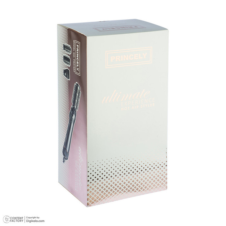 سشوار برسدار چرخشی 240 وات پرنسلی مدل PR312AT، موتور DC، وزن 1430 گرم، دارای سری شانهدار، سری برسدار گرد پهن، سری چرخشی، کیف نگهدارنده، سری دندانهدار با ویژگی فرکنندگی، صافکنندگی، حجمدهندگی