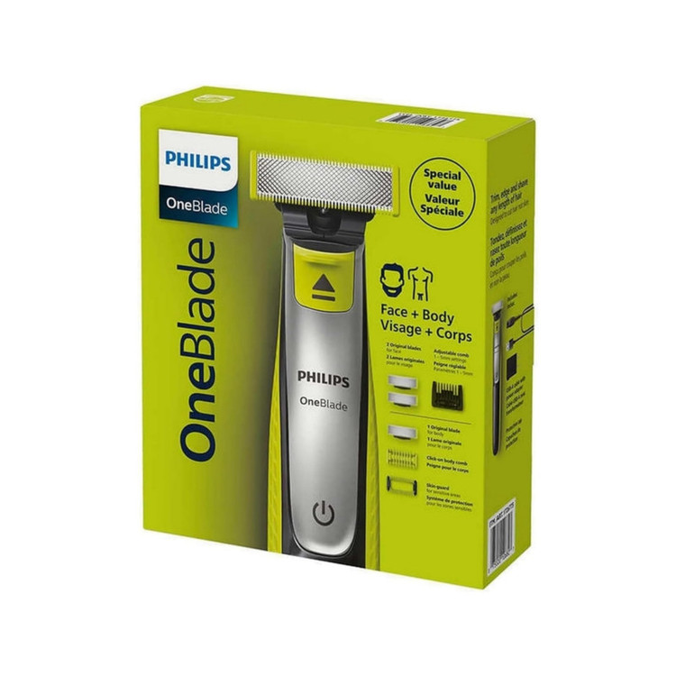 ماشین اصلاح موی صورت و بدن شارژی فیلیپس مدل QP2834/60 با فناوری OneBlade، ضد آب، تیغه استیل ضد زنگ، خط زن و حجم زن، همراه با 2 تیغه یدک، شارژ 240 دقیقه و زمان استفاده 60 دقیقه