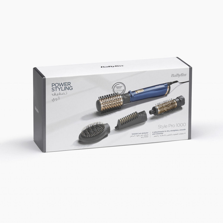 سشوار برسدار چرخشی 1000 وات بابیلیس مدل Style pro 1000، موتور DC، وزن 280 گرم، المنت سرامیک، دارای سری متمرکزکننده باریک با ویژگی صافکنندگی، فرکنندگی، با قابلیت باد سرد، فناوری تولید یون