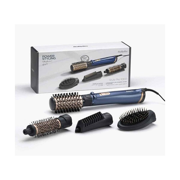 سشوار برسدار چرخشی 1000 وات بابیلیس مدل Style pro 1000، موتور DC، وزن 280 گرم، المنت سرامیک، دارای سری متمرکزکننده باریک با ویژگی صافکنندگی، فرکنندگی، با قابلیت باد سرد، فناوری تولید یون