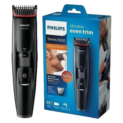 ماشین اصلاح موی صورت فیلیپس مدل BT5200/16 با تیغههای استیل ضدزنگ خود تیزشونده، طول اصلاح 0.4 تا 10 میلیمتر، قابلیت استفاده با باتری و برق، شارژ USB یک ساعته و ضدآب با طراحی ارگونومیک و شانه قابل تنظیم دستی