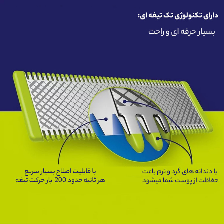 ماشین اصلاح موی صورت و بدن فیلیپس مدل OneBlade QP2724 با تیغه کربن استیل، قابلیت استفاده خشک و مرطوب، شارژ با کابل USB و اصلاح دقیق تا 0.2 میلیمتر