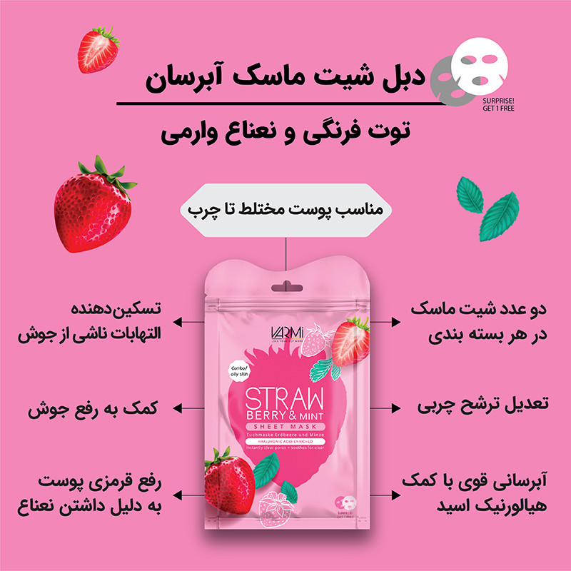 ماسک صورت آبرسان و مغذی وارمی مدل توت فرنگی و نعناع مناسب پوست چرب و مختلط بسته 2 عددی حجم 25 میلیلیتر کاهش دهنده چربی و لطافتبخش با ویتامینهای C، B1 و B12