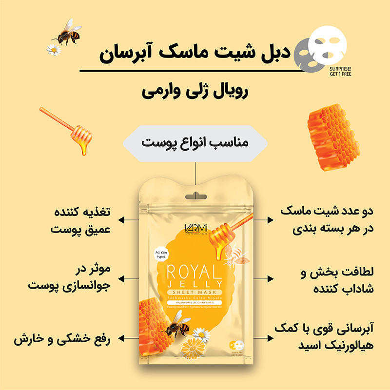 ماسک صورت آبرسان وارمی مدل رویال ژلی حجم 25 میلیلیتر بسته 2 عددی با عصاره رویال ژلی، ویتامین B1 و B12، مناسب انواع پوست، شادابکننده، جوانکننده و از بین برنده تیرگی و لکه