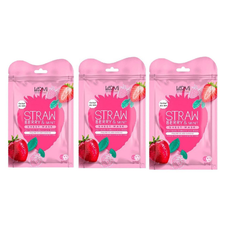 ماسک ورقهای آبرسان وارمی مدل توت فرنگی و نعناع مخصوص پوست چرب و مختلط، تنظیمکننده چربی، ضد جوش، مغذی، مرطوبکننده و آرامشبخش پوست صورت بسته 3عددی حجم 45 میلیلیتر