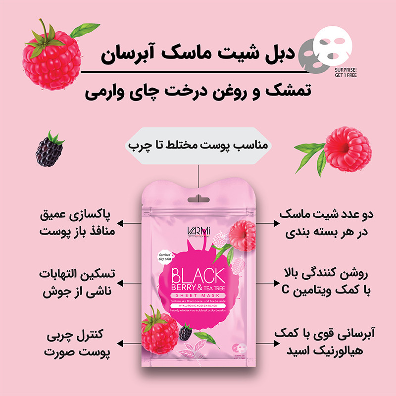 ماسک صورت آبرسان و کاهشدهنده چربی وارمی مدل تمشک و روغن درخت چای مناسب پوست چرب و مختلط بسته 2 عددی حجم 25 میلیلیتر حاوی ویتامین B1 و B12 و عصاره طبیعی