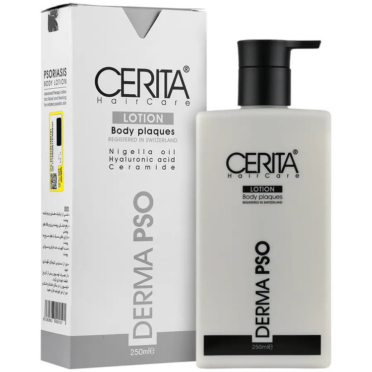 لوسیون بدن سریتا مدل Derma Pso حجم 250 میلیلیتر مناسب پوست خشک و حساس، جذب سریع، آبرسان 24 ساعته، ضد التهاب، ضد اگزما و ضد خشکی، رفع پوستههای مرده و تقویت سد طبیعی پوست