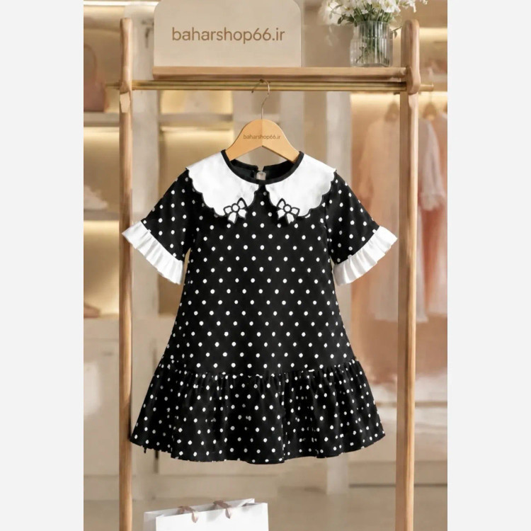 پیراهن دخترانه خالخالی مشکی طرح بنزین مناسب 2 تا 10 سال