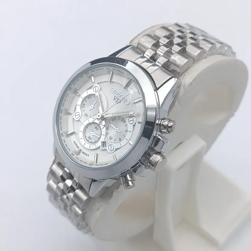 ساعت زنانه سیکو استیل صفحه سفید طرح سه موتور تقویمدار با موتور ژاپن