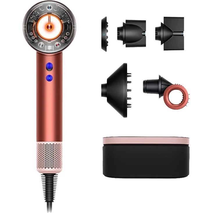 سشوار خانگی 220 وات دایسون مدل Supersonic nural HD16، موتور AC، وزن 2140 گرم، دارای سری متمرکزکننده باریک، متمرکزکننده پهن، سری برسدار گرد پهن، سری چرخشی، سری شانهدار، کیف نگهدارنده با ویژگی صافکنندگی، با قابلیت عملکرد توربو