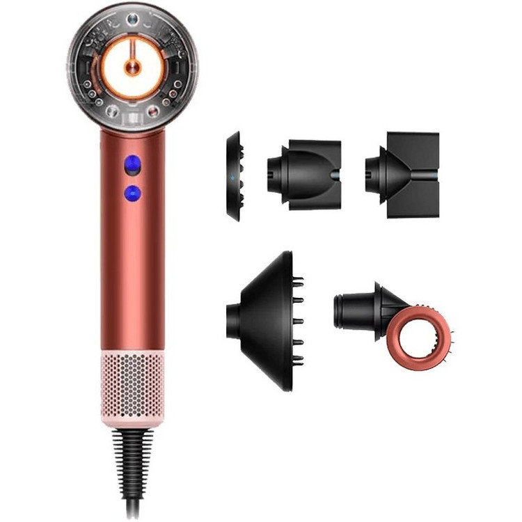 سشوار خانگی 220 وات دایسون مدل Supersonic nural HD16، موتور AC، وزن 2140 گرم، دارای سری متمرکزکننده باریک، متمرکزکننده پهن، سری برسدار گرد پهن، سری چرخشی، سری شانهدار، کیف نگهدارنده با ویژگی صافکنندگی، با قابلیت عملکرد توربو