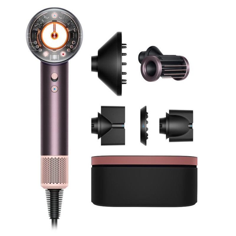 سشوار خانگی 220 وات دایسون مدل Supersonic nural HD16، موتور AC، وزن 2140 گرم، دارای سری متمرکزکننده باریک، متمرکزکننده پهن، سری برسدار گرد پهن، سری چرخشی، سری شانهدار، کیف نگهدارنده با ویژگی صافکنندگی، با قابلیت عملکرد توربو