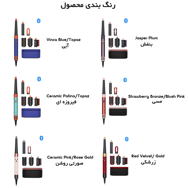 سشوار برسدار حالتدهنده 1300 وات دایسون مدل Airwrap id HS08 Straight+Wavy، موتور BLDC، وزن 630 گرم، دارای سری شانهدار، سری برسدار گرد پهن، کیف نگهدارنده، خشککن ملایم، متمرکزکننده باریک، متمرکزکننده پهن با ویژگی فرکنندگی، صافکنندگی، حجمدهندگی