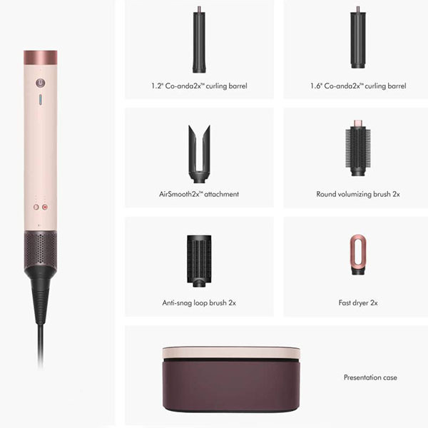 سشوار برسدار حالتدهنده 1300 وات دایسون مدل Airwrap id HS08 Straight+Wavy، موتور BLDC، وزن 630 گرم، دارای سری شانهدار، سری برسدار گرد پهن، کیف نگهدارنده، خشککن ملایم، متمرکزکننده باریک، متمرکزکننده پهن با ویژگی فرکنندگی، صافکنندگی، حجمدهندگی