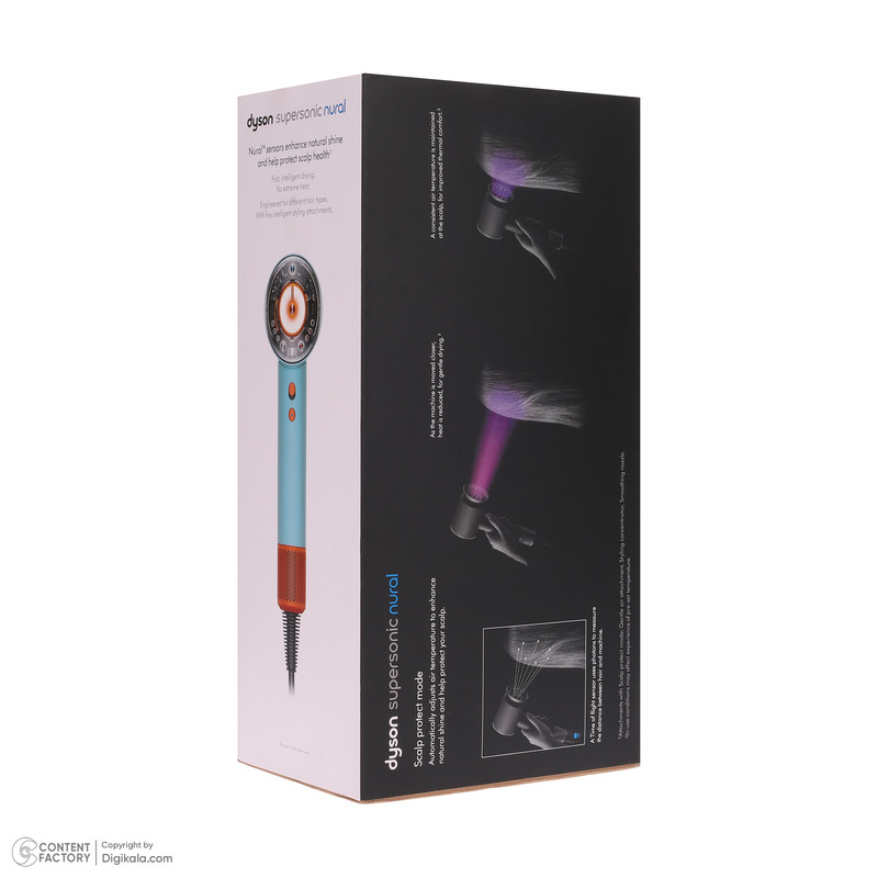 سشوار خانگی 220 وات دایسون مدل Supersonic hd16، موتور AC، وزن 2140 گرم، دارای سری برسدار گرد پهن، سری چرخشی، متمرکزکننده باریک، متمرکزکننده پهن، سری شانهدار با ویژگی صافکنندگی، با قابلیت باد سرد