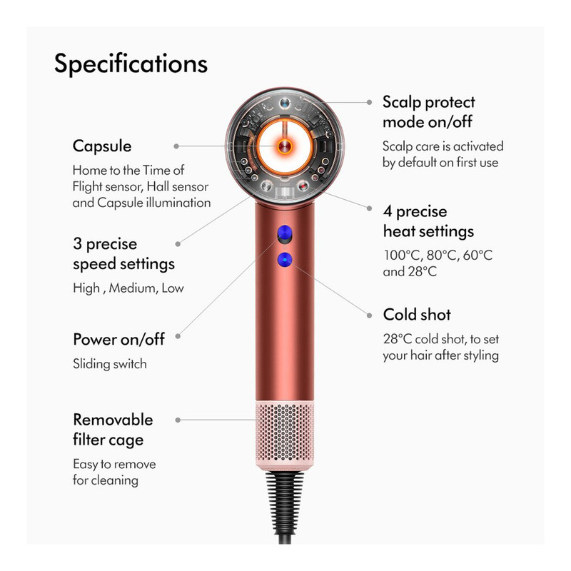 سشوار حرفهای 1600 وات دایسون مدل Supersonic nural SBBP، موتور AC، وزن 820 گرم، دارای سری متمرکزکننده پهن، خشککن ملایم، سری دندانهدار، کیف نگهدارنده با ویژگی صافکنندگی، حجمدهندگی، با قابلیت باد سرد