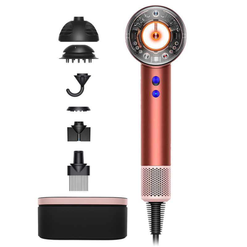 سشوار حرفهای 1600 وات دایسون مدل Supersonic nural SBBP، موتور AC، وزن 820 گرم، دارای سری متمرکزکننده پهن، خشککن ملایم، سری دندانهدار، کیف نگهدارنده با ویژگی صافکنندگی، حجمدهندگی، با قابلیت باد سرد