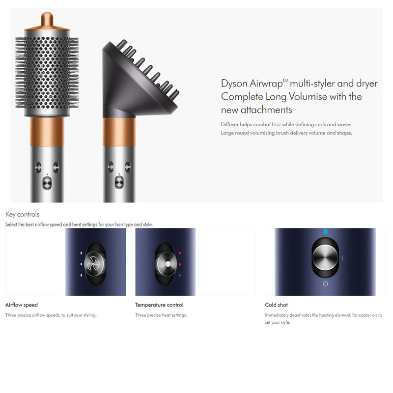 سشوار برسدار حالتدهنده 1300 وات دایسون مدل Airwrap Complete Long Volumise HS05، موتور AC، وزن 680 گرم، دارای سری شانهدار، سری برسدار گرد پهن، خشککن ملایم، کیف نگهدارنده با ویژگی فرکنندگی، صافکنندگی، حجمدهندگی، با قابلیت باد سرد