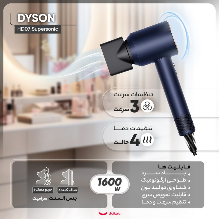 سشوار حرفهای 1600 وات دایسون مدل HD07 Supersonic، موتور AC، وزن 659 گرم، المنت سرامیک، دارای سری دیسپانسر، متمرکزکننده پهن، سری برسدار گرد پهن، سری دندانهدار، نازل صافکننده با ویژگی صافکنندگی، حجمدهندگی، با قابلیت باد سرد، فناوری تولید یون