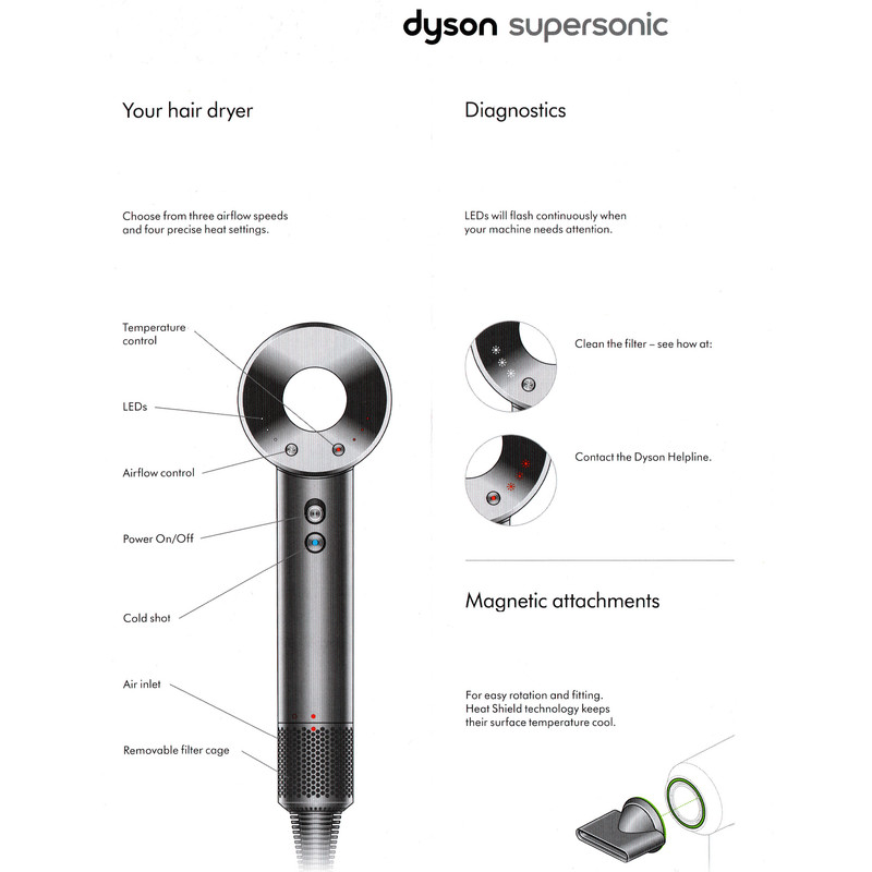 سشوار حرفهای 1600 وات دایسون مدل HD07 Supersonic، موتور AC، وزن 659 گرم، المنت سرامیک، دارای سری دیسپانسر، متمرکزکننده پهن، سری برسدار گرد پهن، سری دندانهدار، نازل صافکننده با ویژگی صافکنندگی، حجمدهندگی، با قابلیت باد سرد، فناوری تولید یون