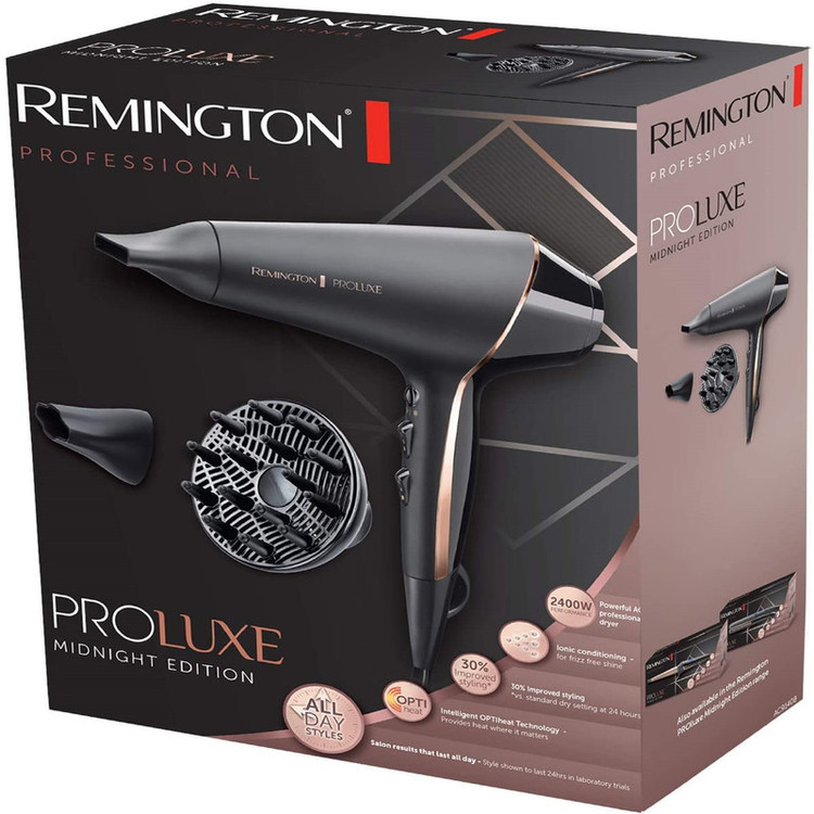 سشوار حرفهای 2400 وات رمینگتون مدل AC9140B Proluxe، موتور AC، وزن 300 گرم، دارای سری متمرکزکننده با ویژگی صافکنندگی، با قابلیت باد سرد، عملکرد توربو، فناوری تولید یون
