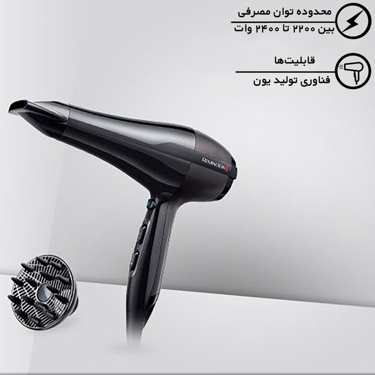 سشوار حرفهای 2300 وات رمینگتون مدل Ac 5999، موتور AC، وزن 700 گرم، المنت سرامیک تورمالین، دارای سری دیسپانسر، متمرکزکننده باریک، متمرکزکننده پهن، با ویژگی حجمدهندگی، صافکنندگی