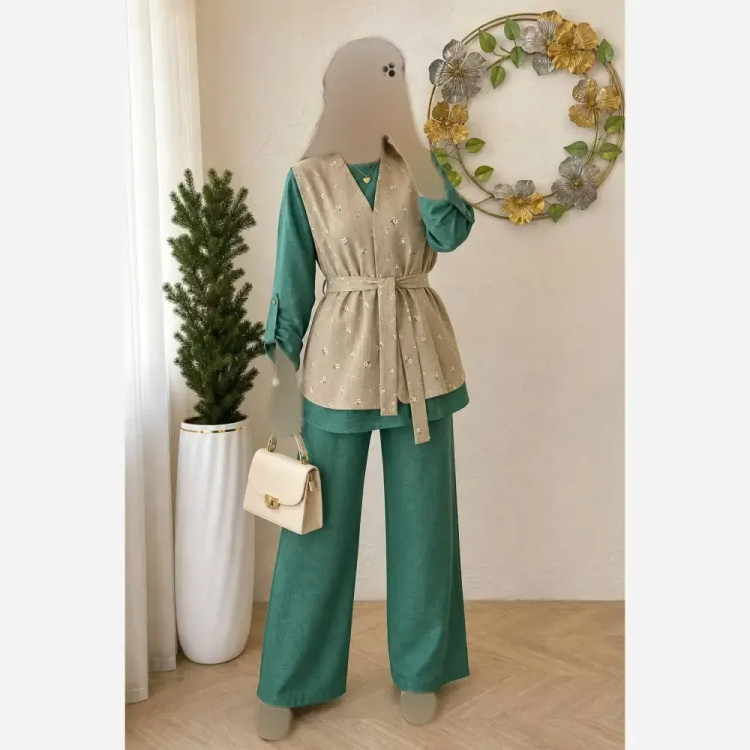 ست سه تیکه زنانه مدل مهربانو جنس وست گلگچی و شومیز صوفیا فری سایز تا 46