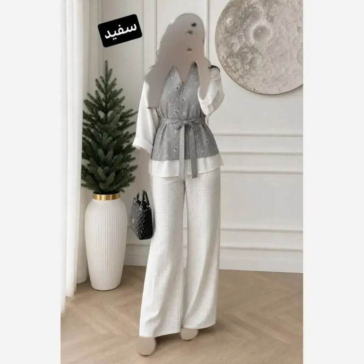 ست سه تیکه زنانه مدل مهربانو جنس وست گلگچی و شومیز صوفیا فری سایز تا 46