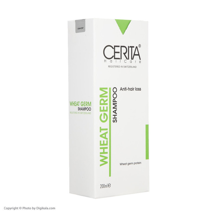 شامپو روزانه ضد ریزش و تقویتکننده مو سریتا مخصوص انواع مو، حجم 200 میلیلیتر مدل Wheat Germ، حاوی ویتامینهای E و B5 با عصاره جوانه گندم، نعناع فلفلی و بابونه