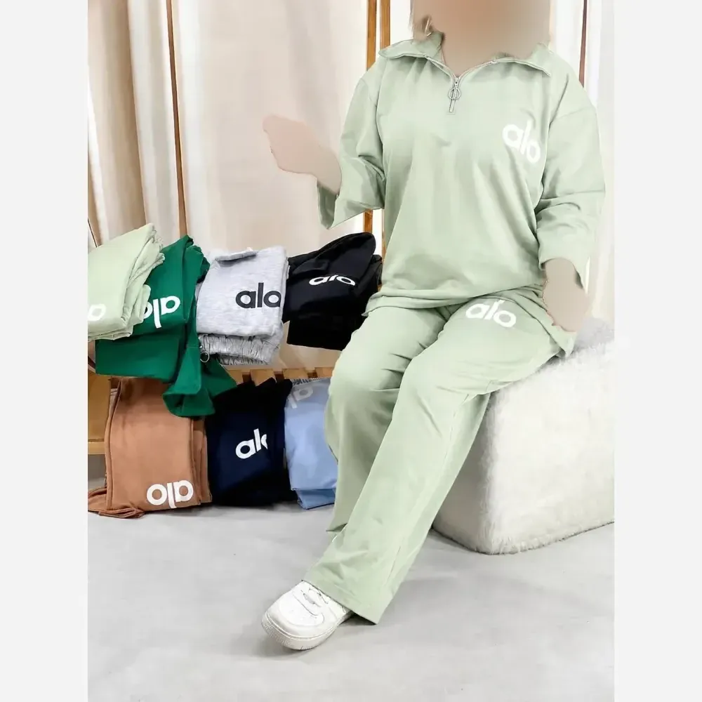 ست تیشرت و شلوار زنانه مدل alo جنس دورس بهاره فری سایز