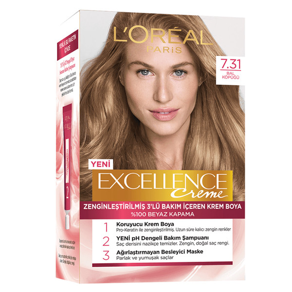 کیت رنگ مو لورآل مدل Excellence شماره 7.31 حجم 48 میلی لیتر رنگ عسلی