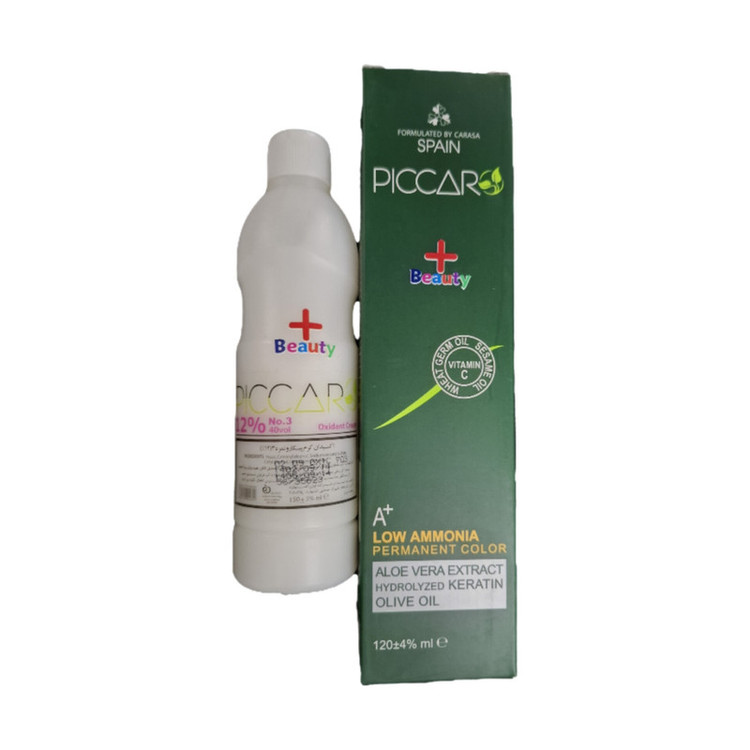 رنگ مو پیکارو مدل پلاس بیوتی شماره ۱.۰ حجم 124 میلی لیتر رنگ مشکی به همراه اکسیدان پیکارو مدل پلاس بیوتی کد ۰۳ دوازده درصدی حجم 150میلی لیتر