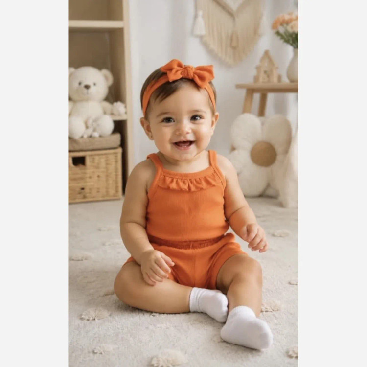 ست سه تیکه نوزادی دخترانه تاپ و شورت و هدبند پنبه ای