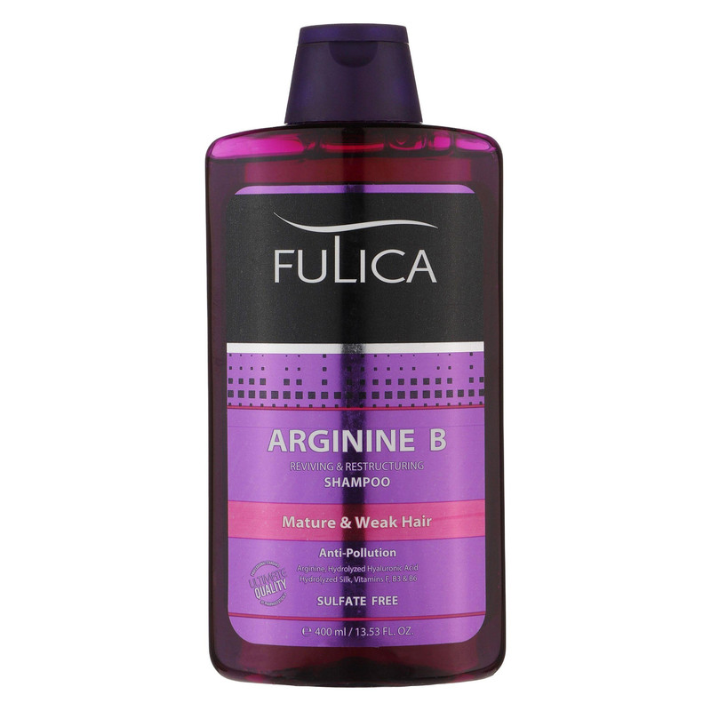 شامپو تقویتکننده مو فولیکا مخصوص موهای شکننده و آسیبدیده، حجم 400 گرم مدل Arginine B، حاوی ویتامینهای B6 و B3، بدون سولفات، نرمکننده، مرطوبکننده، لطافتبخش، محکمکننده، با عصارههای سیر و چای سبز